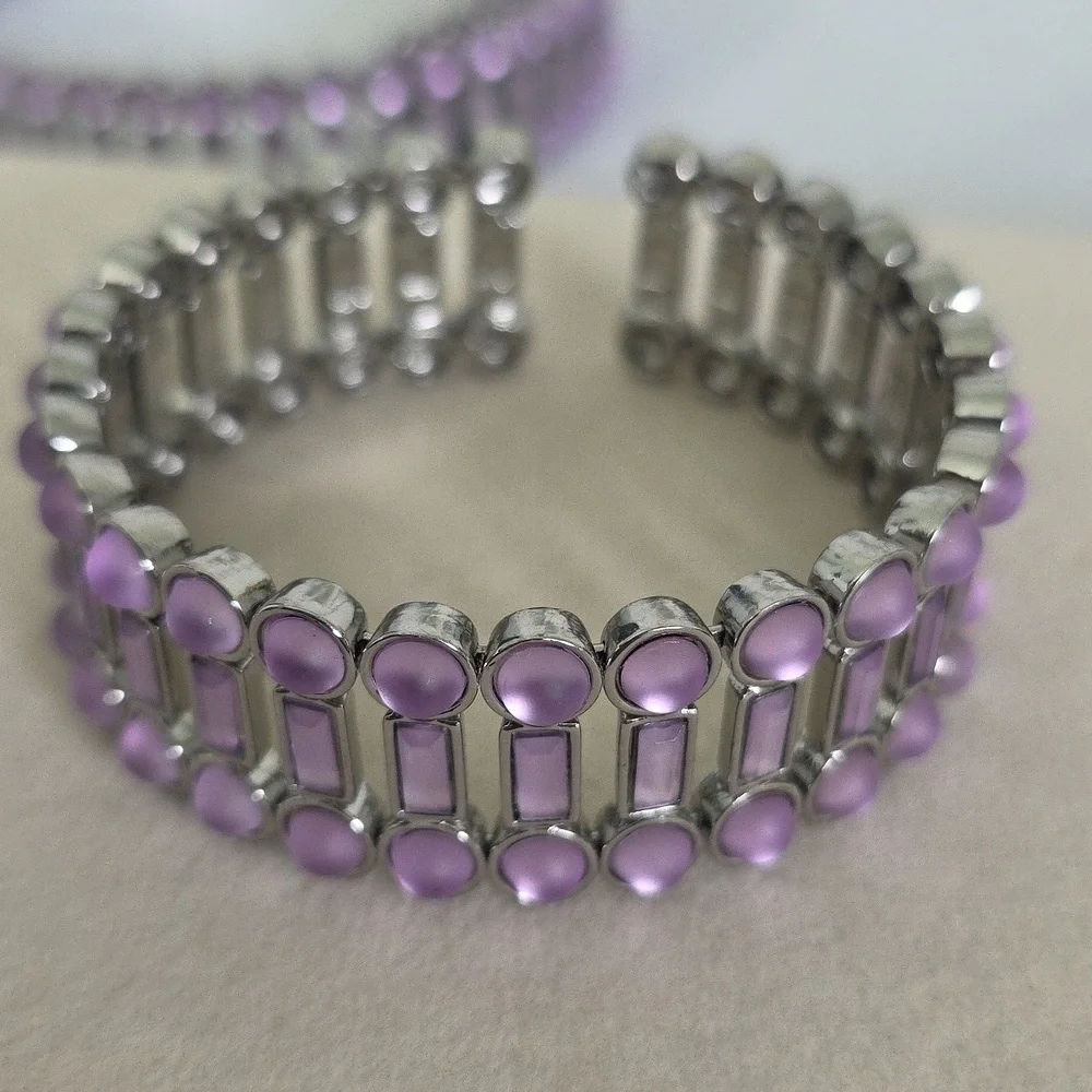 Silver and Purple Flexible Choker Necklace with Matching Open Cuff Bracelet